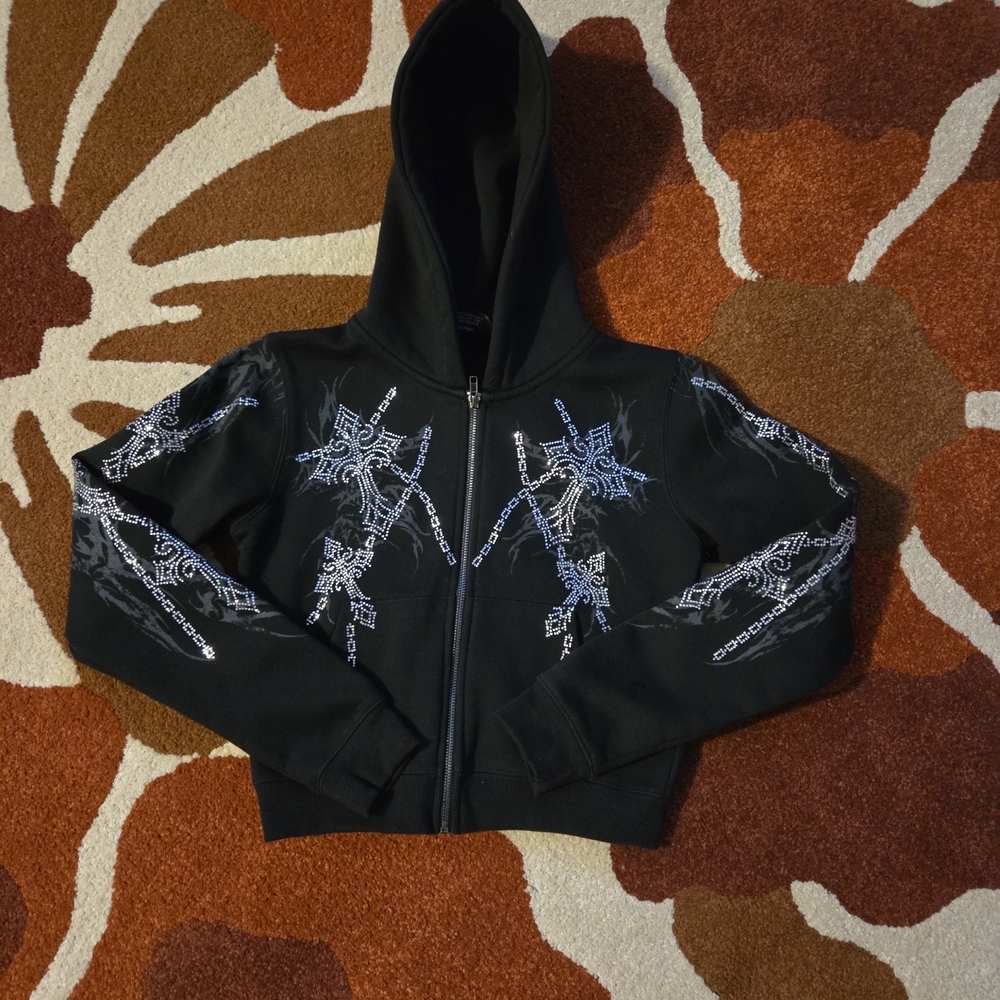 Black Zip-Up Hoodie with White Chain Cross Graphic